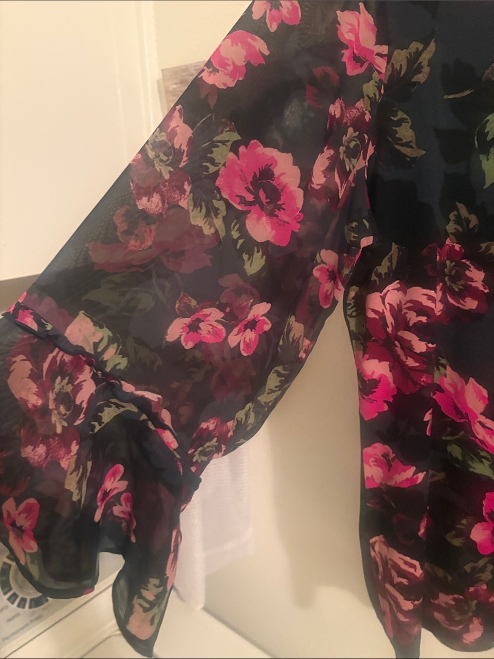 Susan Graver Black Floral Sheer Sleeve Top - Pink Floral - Picture 3 of 4